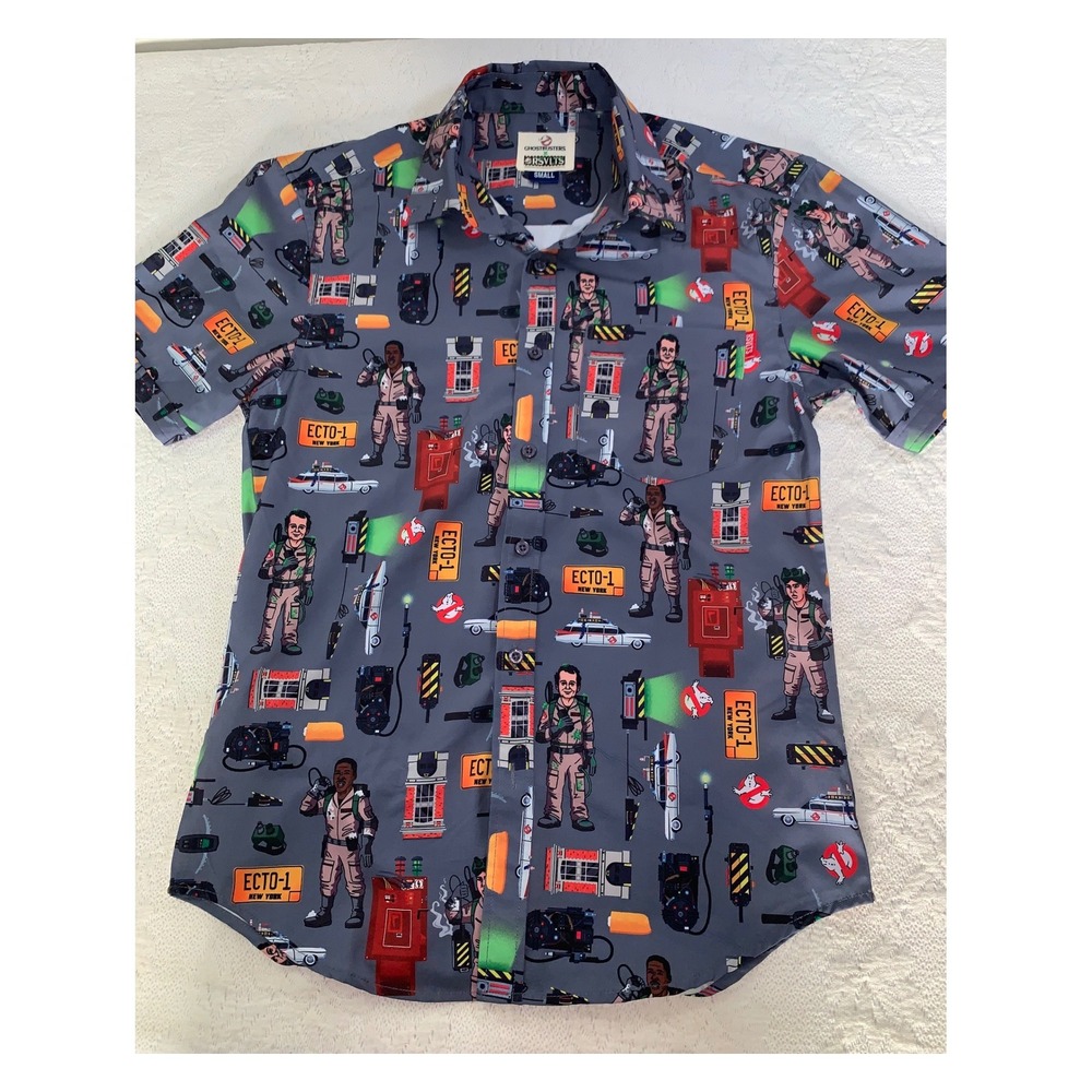 RSVLTS Ghostbusters Mens Small Kunuflex Short Sleeve Button Down Shirt Gray